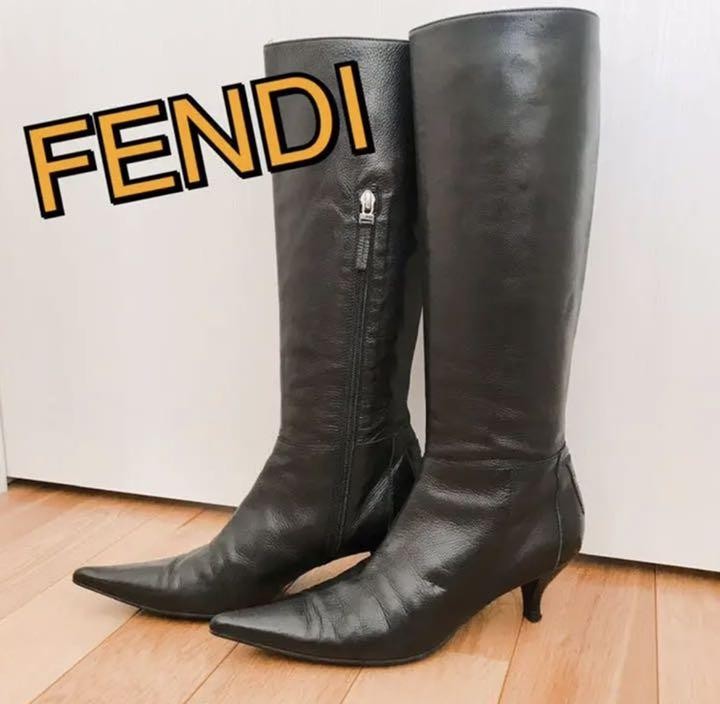 FENDI Long Boots Shoes EU 38 US 8 Leather Black Authentic