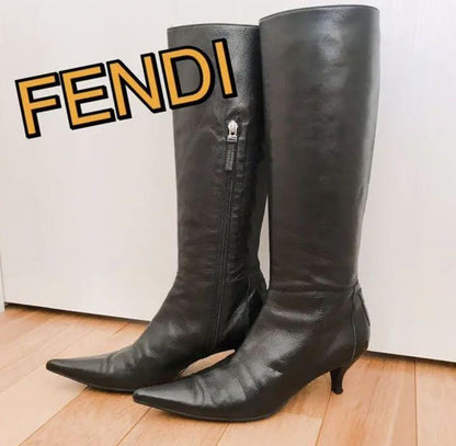 FENDI Long Boots Shoes EU 38 US 8 Leather Black Authentic