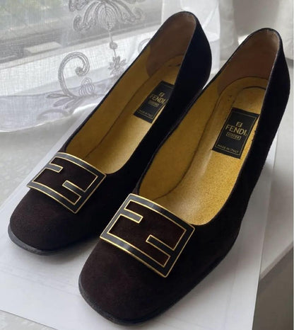 FENDI Shoes Pumps Heel FF EU 37 US 7 Suede Brown Authentic