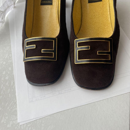 FENDI Shoes Pumps Heel FF EU 37 US 7 Suede Brown Authentic