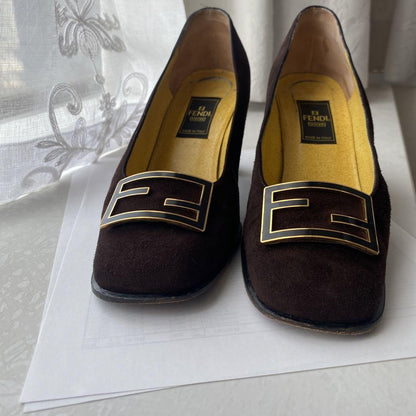 FENDI Shoes Pumps Heel FF EU 37 US 7 Suede Brown Authentic