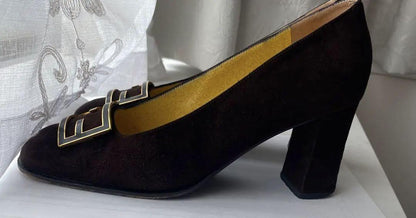 FENDI Shoes Pumps Heel FF EU 37 US 7 Suede Brown Authentic