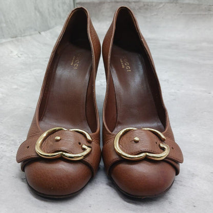 GUCCI Shoes Pumps Heel GG EU 36.5 US 6.5 Leather Brown Authentic