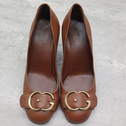GUCCI Shoes Pumps Heel GG EU 36.5 US 6.5 Leather Brown Authentic