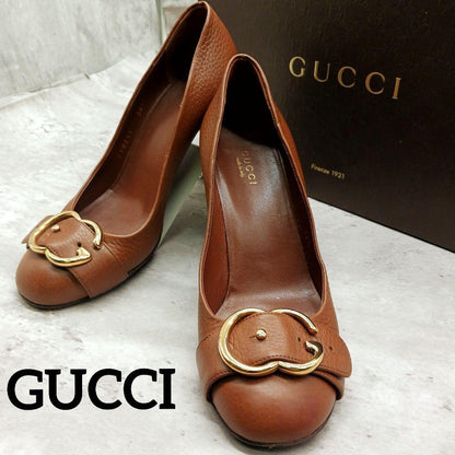 GUCCI Shoes Pumps Heel GG EU 36.5 US 6.5 Leather Brown Authentic