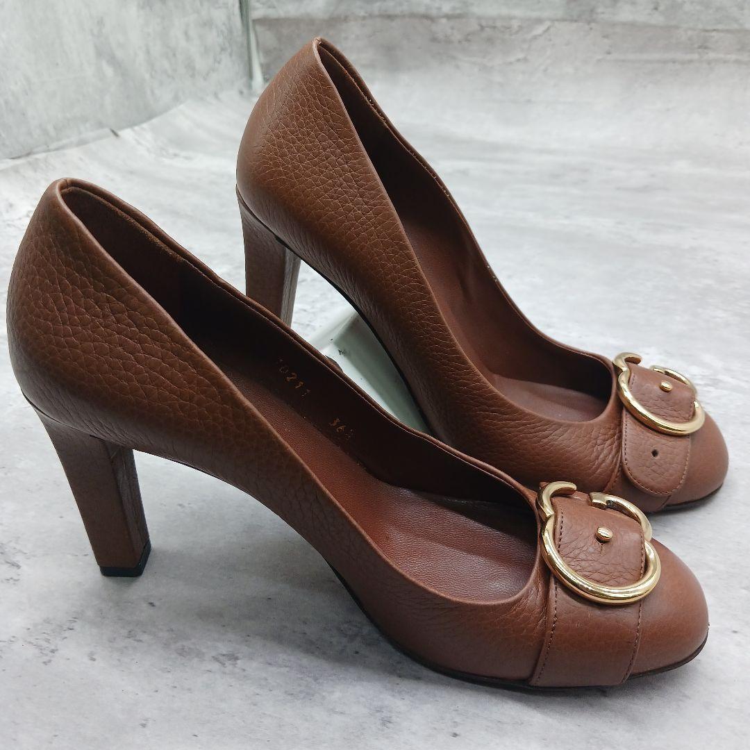 GUCCI Shoes Pumps Heel GG EU 36.5 US 6.5 Leather Brown Authentic