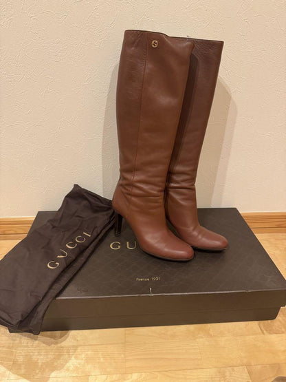 GUCCI Long Boots Shoes EU 37.5 US 7.5 Leather Brown Authentic