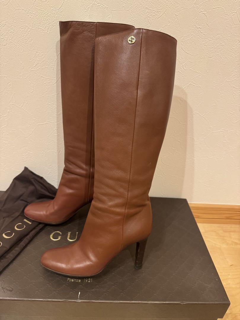 GUCCI Long Boots Shoes EU 37.5 US 7.5 Leather Brown Authentic