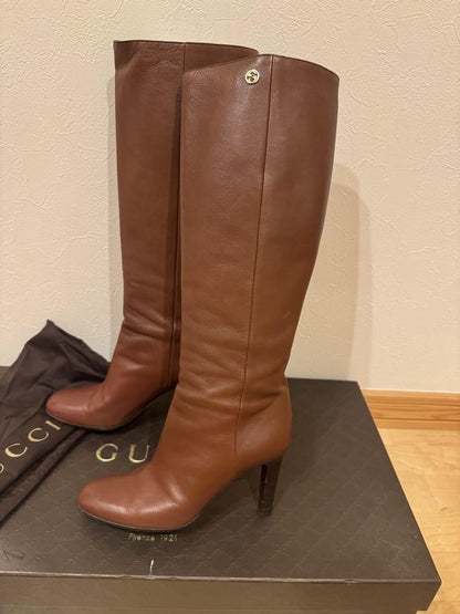 GUCCI Long Boots Shoes EU 37.5 US 7.5 Leather Brown Authentic