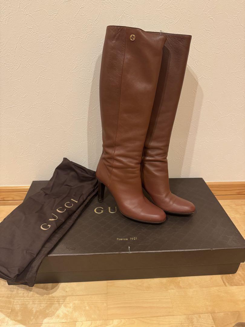 GUCCI Long Boots Shoes EU 37.5 US 7.5 Leather Brown Authentic