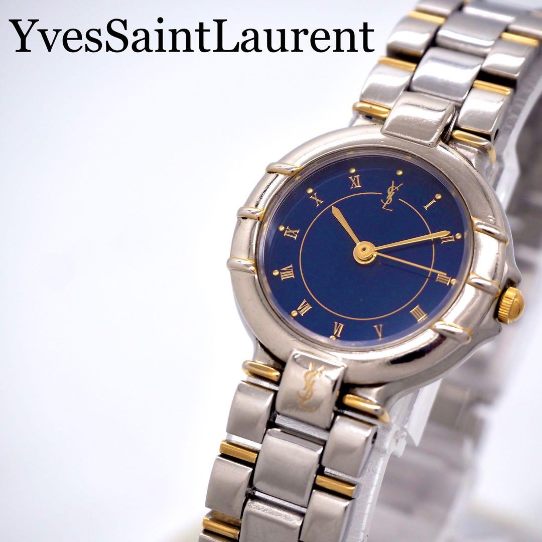 Saint Laurent Quartz Watch Wristwatch YSL Cassandra Navy Blue Silver Women's