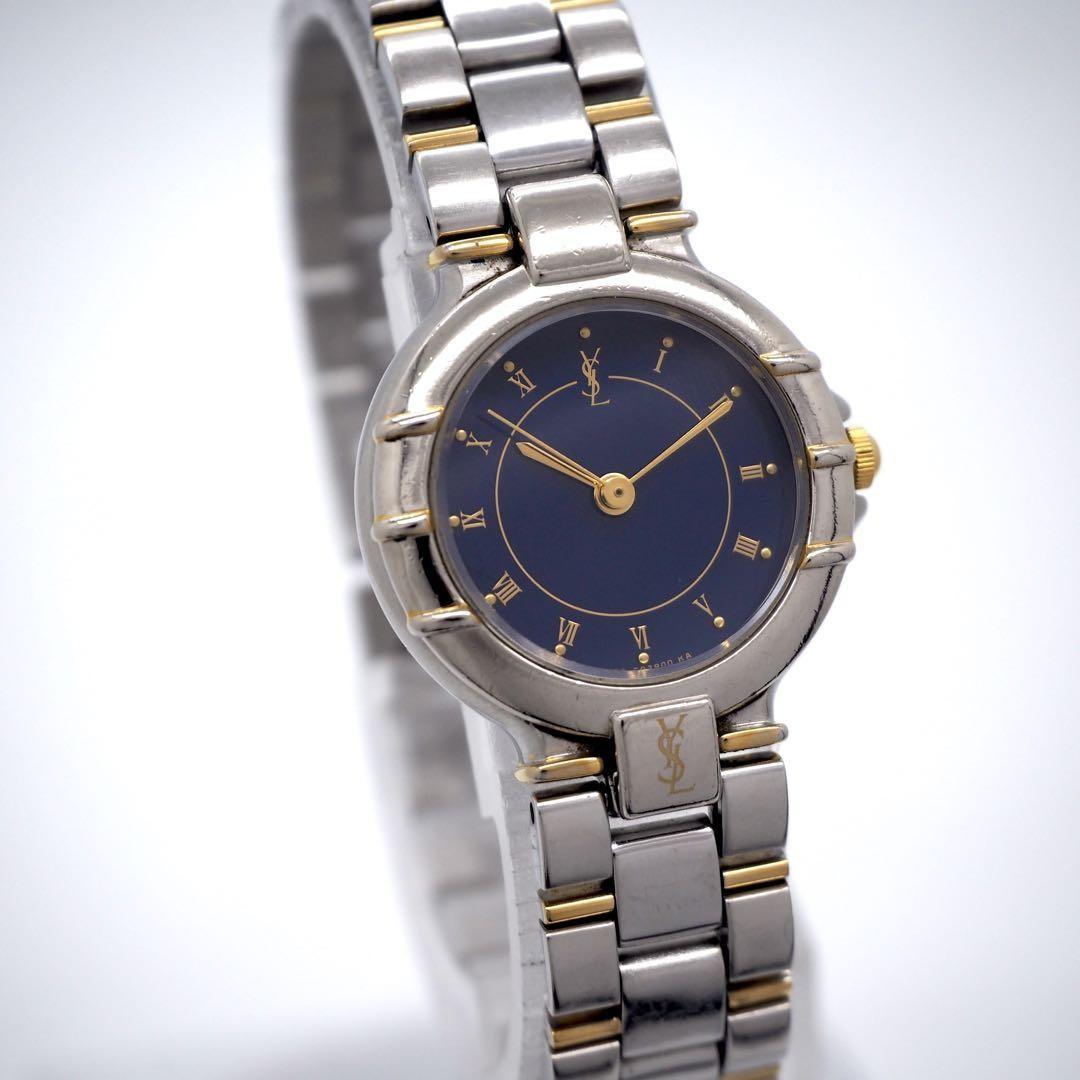 Saint Laurent Quartz Watch Wristwatch YSL Cassandra Navy Blue Silver Women's