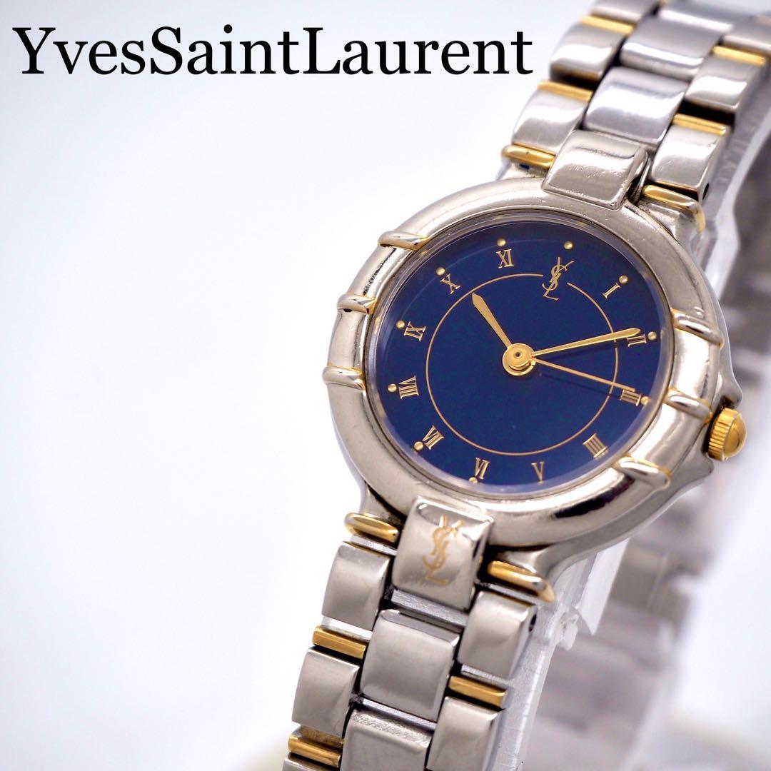 Saint Laurent Quartz Watch Wristwatch YSL Cassandra Navy Blue Silver Women's