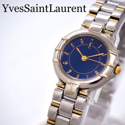 Saint Laurent Quartz Watch Wristwatch YSL Cassandra Navy Blue Silver Women's