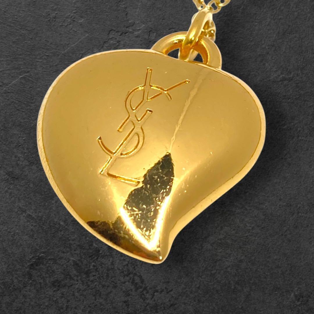 Saint Laurent Necklace Pendant Heart Rhinestone YSL Cassandra Gold Authentic