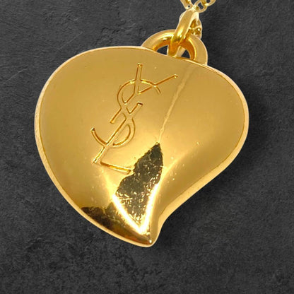 Saint Laurent Necklace Pendant Heart Rhinestone YSL Cassandra Gold Authentic