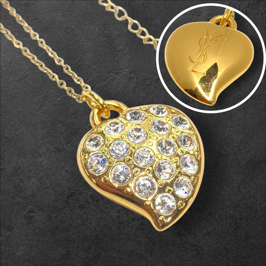 Saint Laurent Necklace Pendant Heart Rhinestone YSL Cassandra Gold Authentic