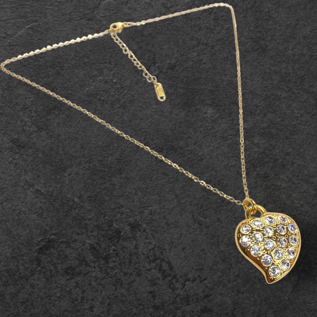 Saint Laurent Necklace Pendant Heart Rhinestone YSL Cassandra Gold Authentic