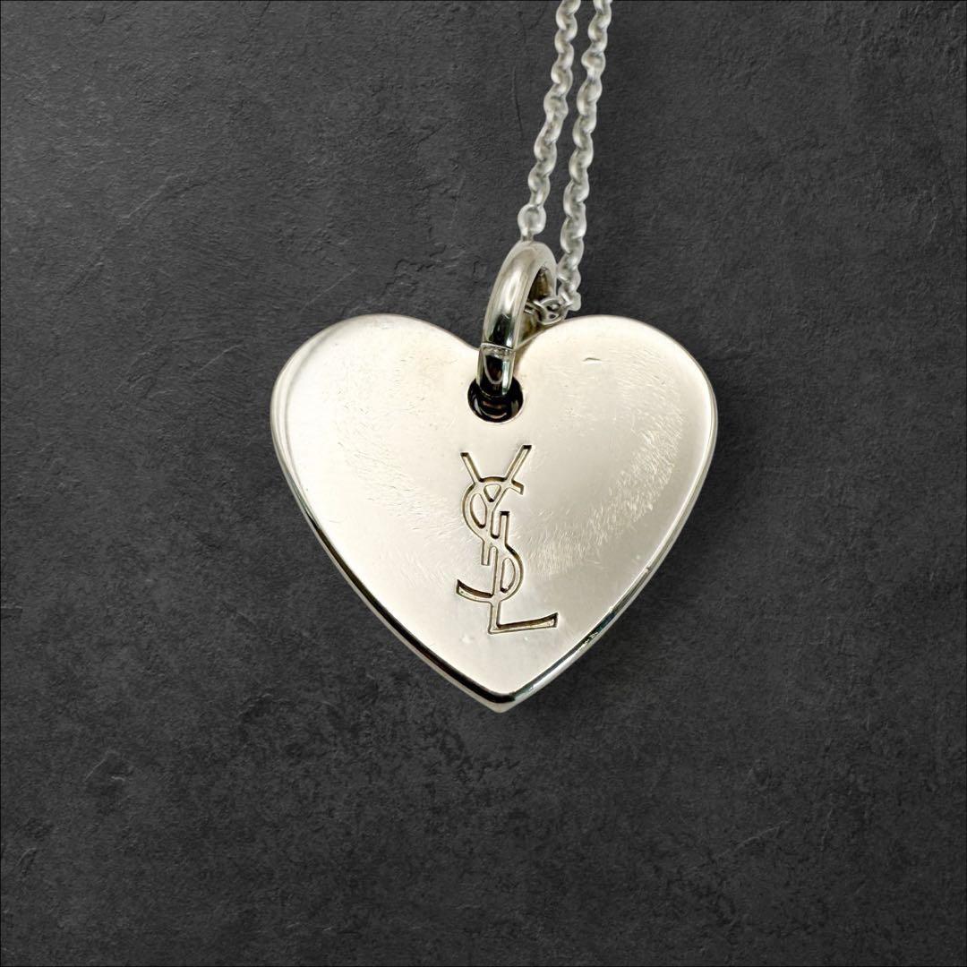 Saint Laurent Necklace Pendant Heart Rhinestone YSL Cassandra Silver Authentic