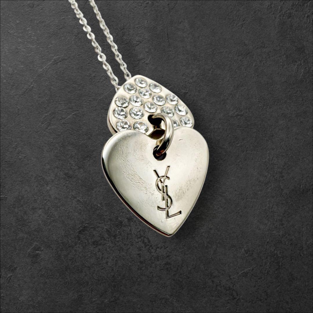 Saint Laurent Necklace Pendant Heart Rhinestone YSL Cassandra Silver Authentic