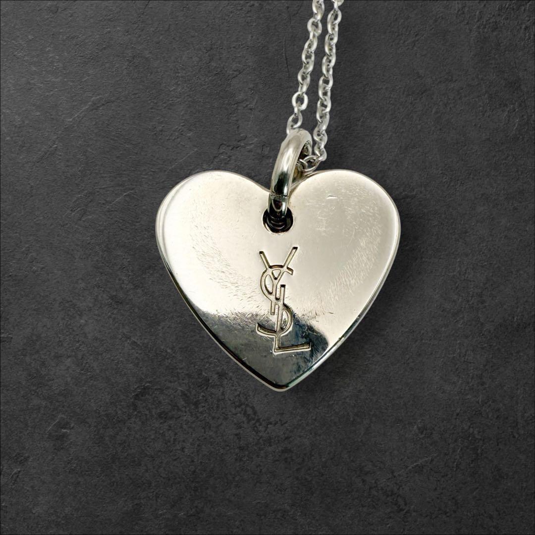Saint Laurent Necklace Pendant Heart Rhinestone YSL Cassandra Silver Authentic