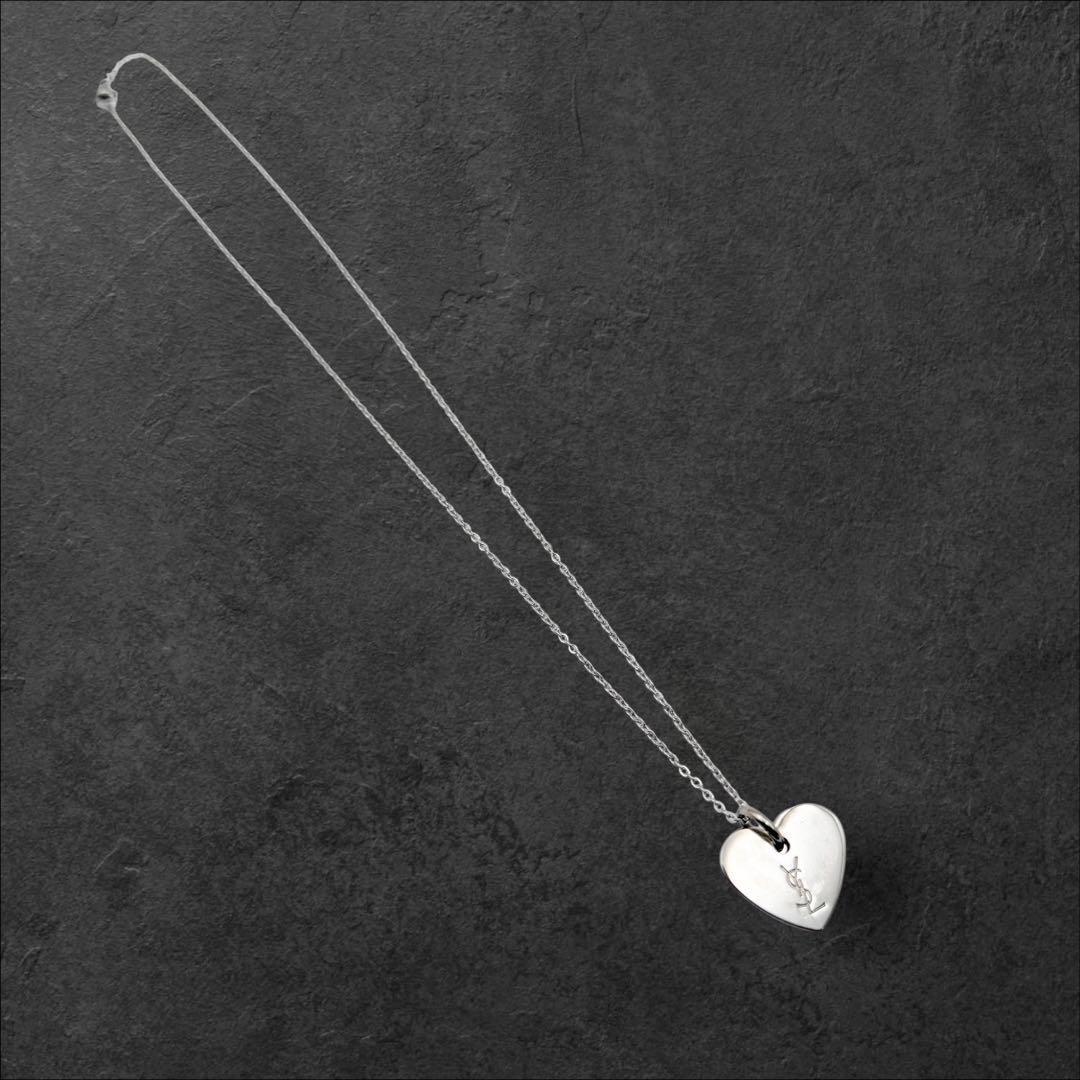 Saint Laurent Necklace Pendant Heart Rhinestone YSL Cassandra Silver Authentic