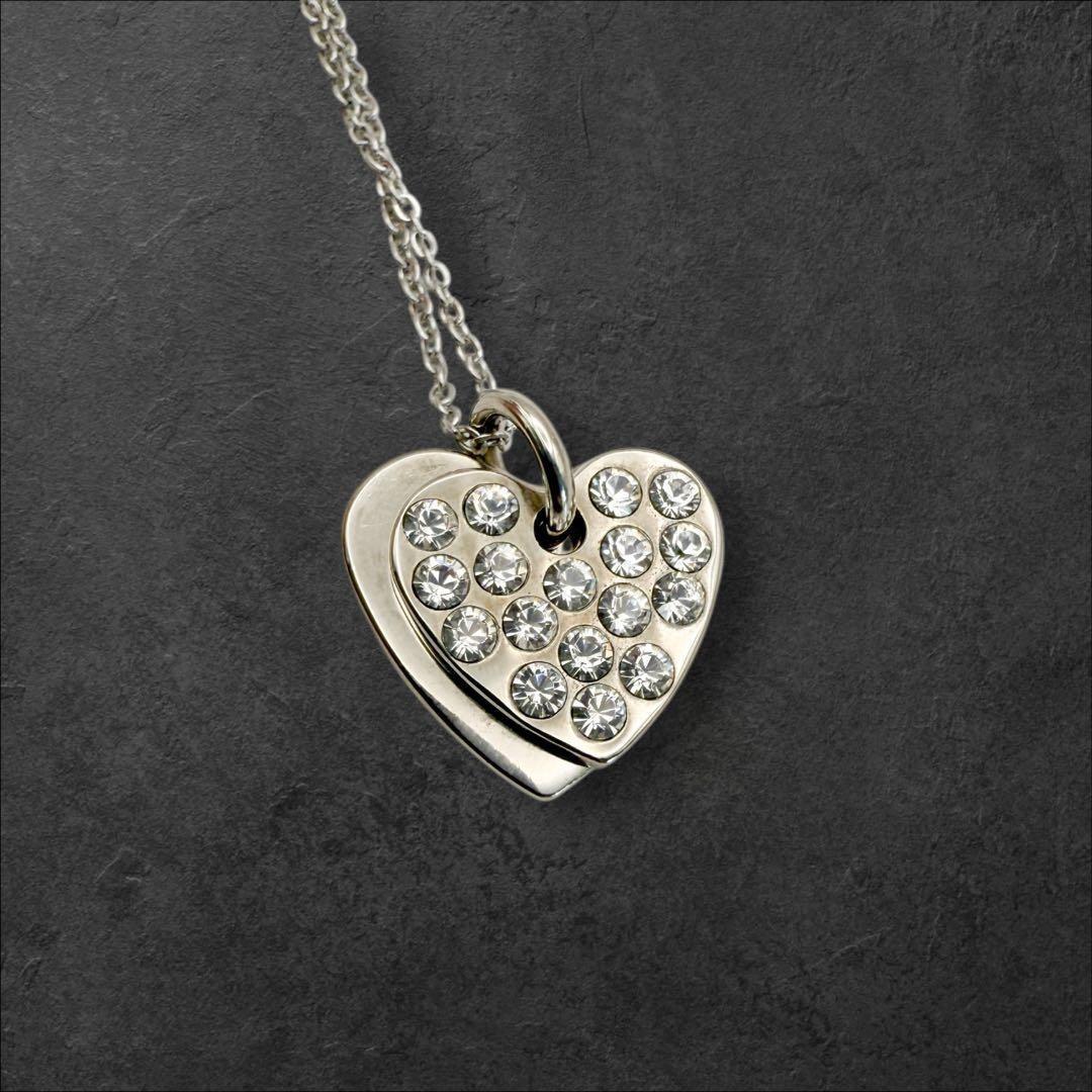 Saint Laurent Necklace Pendant Heart Rhinestone YSL Cassandra Silver Authentic