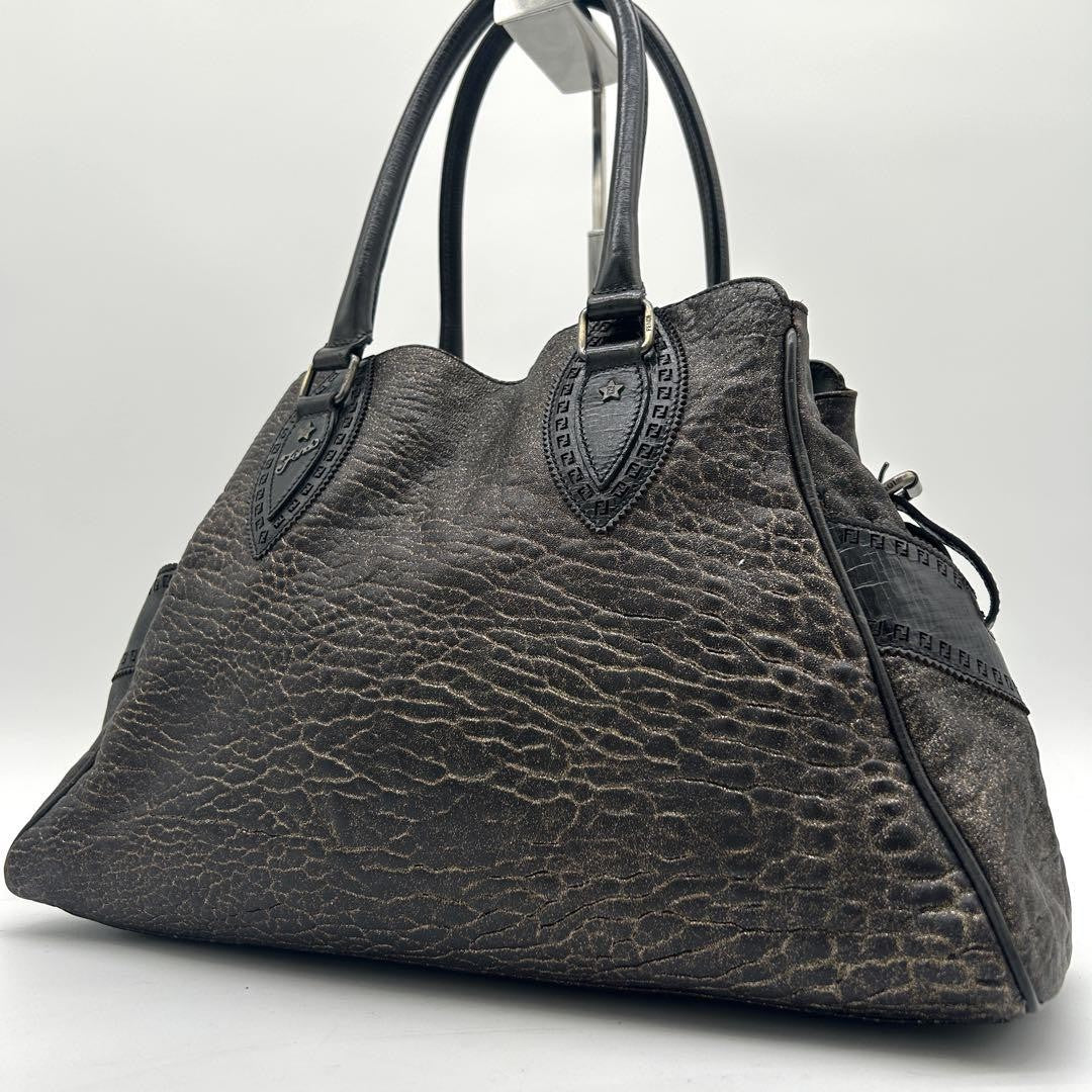 FENDI Hand Bag Tote Purse FF Leather Khaki Authentic