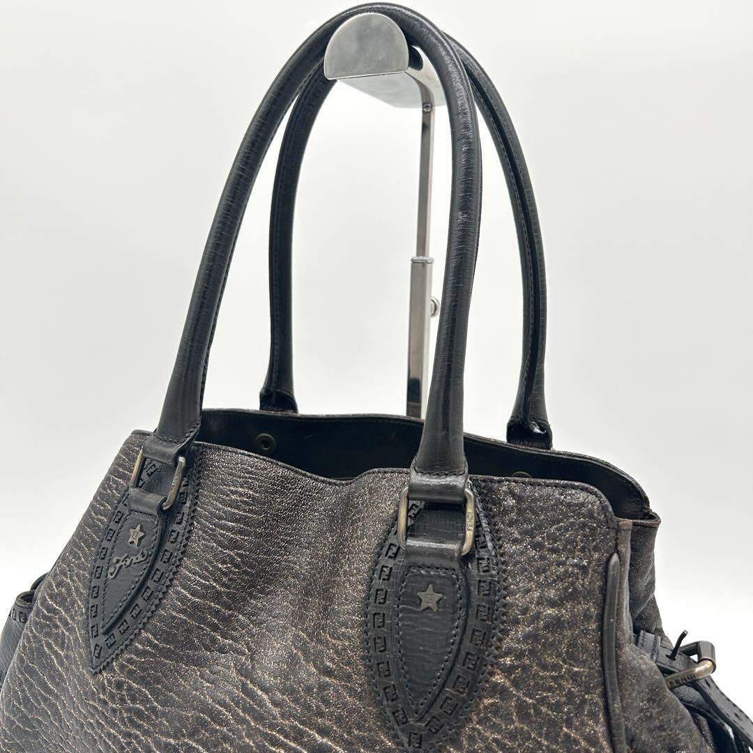 FENDI Hand Bag Tote Purse FF Leather Khaki Authentic