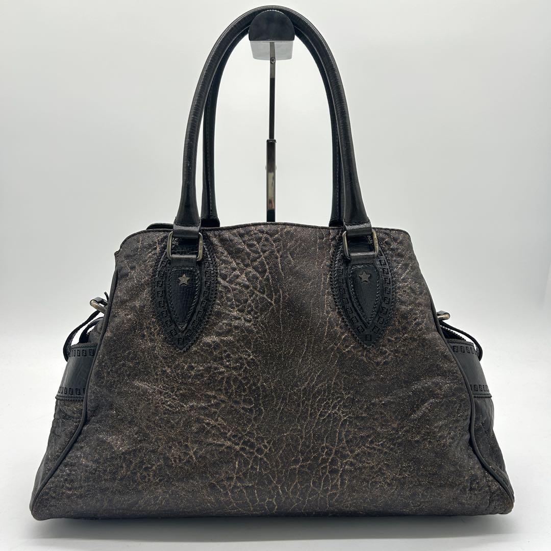FENDI Hand Bag Tote Purse FF Leather Khaki Authentic
