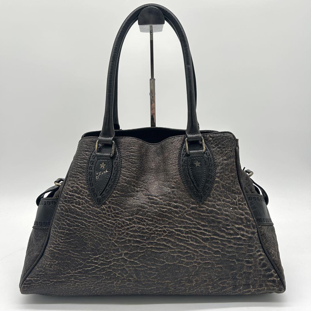 FENDI Hand Bag Tote Purse FF Leather Khaki Authentic