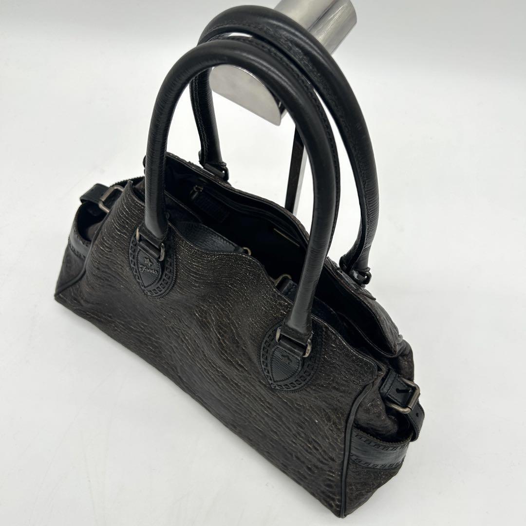 FENDI Hand Bag Tote Purse FF Leather Khaki Authentic