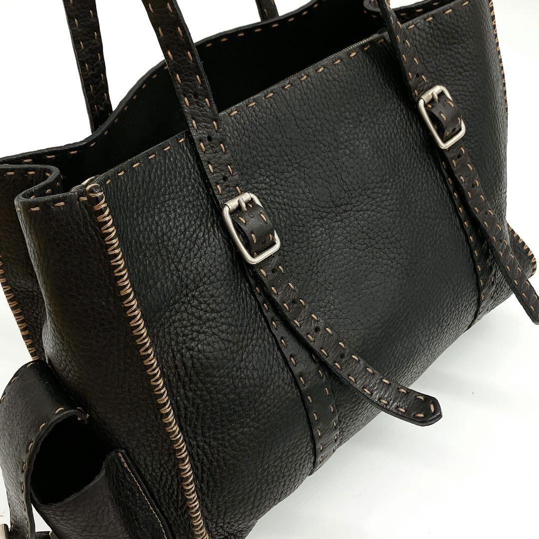 FENDI Hand Bag Tote Purse Selleria Leather Black Authentic