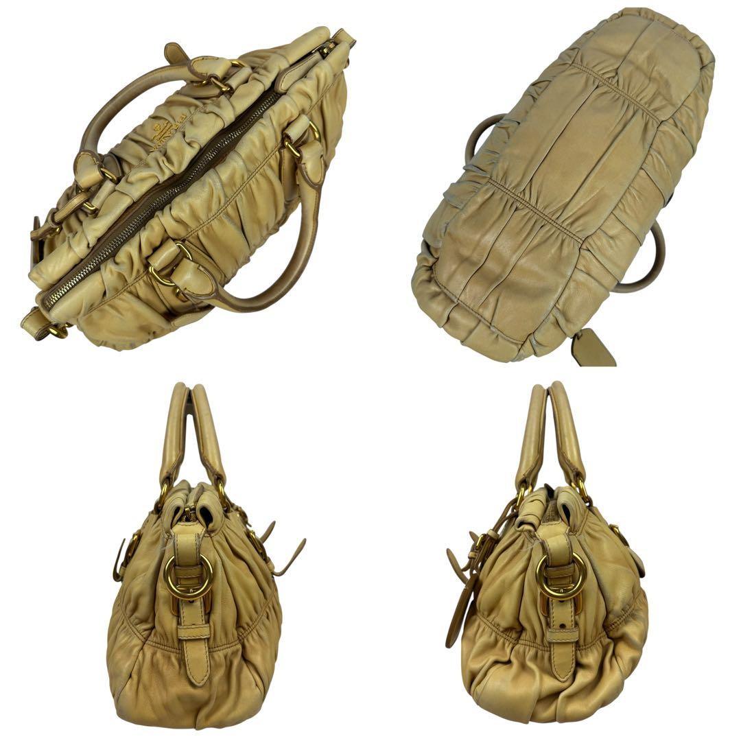 PRADA Hand Shoulder Bag Tote Purse Gather Leather Beige Authentic