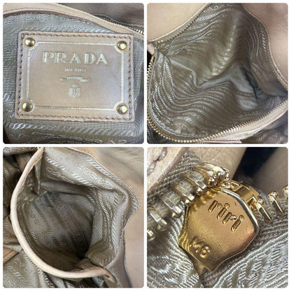 PRADA Hand Shoulder Bag Tote Purse Gather Leather Beige Authentic