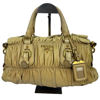 PRADA Hand Shoulder Bag Tote Purse Gather Leather Beige Authentic