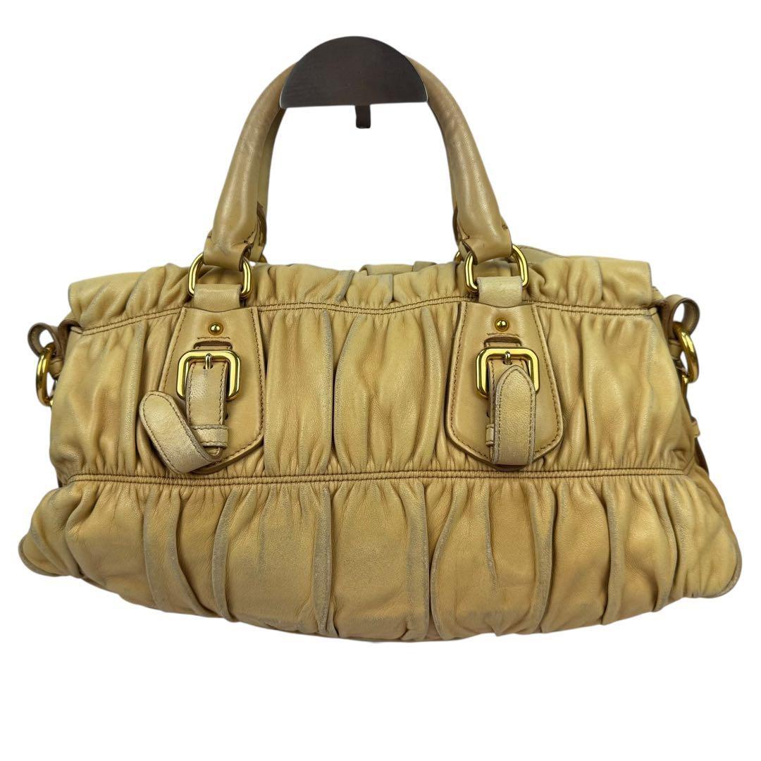 PRADA Hand Shoulder Bag Tote Purse Gather Leather Beige Authentic