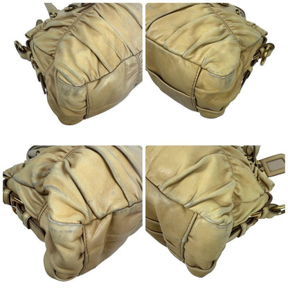 PRADA Hand Shoulder Bag Tote Purse Gather Leather Beige Authentic