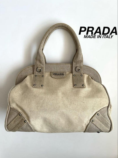 PRADA Hand Boston Bag Tote Purse Canvas Beige Off White Authentic