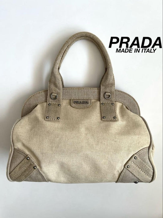 PRADA Hand Boston Bag Tote Purse Canvas Beige Off White Authentic