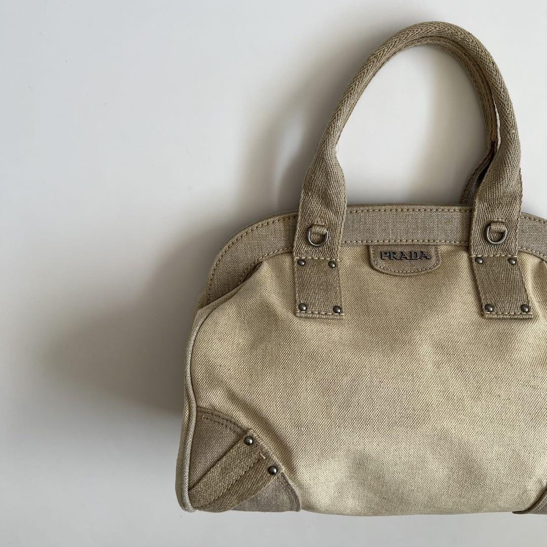 PRADA Hand Boston Bag Tote Purse Canvas Beige Off White Authentic