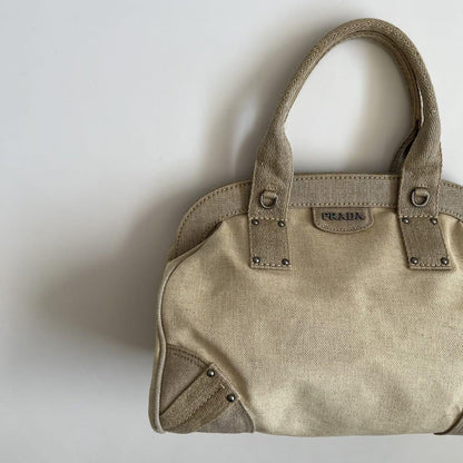 PRADA Hand Boston Bag Tote Purse Canvas Beige Off White Authentic