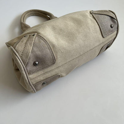 PRADA Hand Boston Bag Tote Purse Canvas Beige Off White Authentic