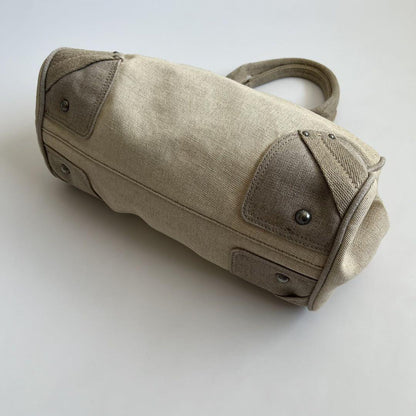 PRADA Hand Boston Bag Tote Purse Canvas Beige Off White Authentic