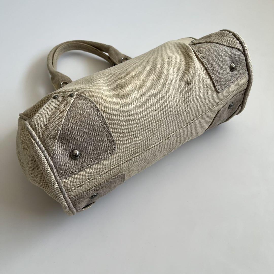 PRADA Hand Boston Bag Tote Purse Canvas Beige Off White Authentic