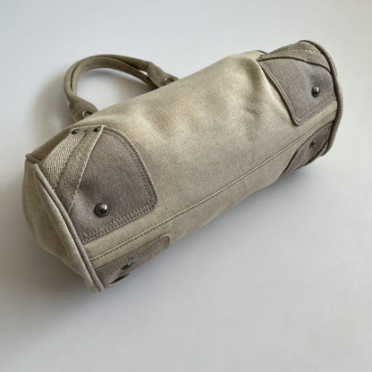 PRADA Hand Boston Bag Tote Purse Canvas Beige Off White Authentic