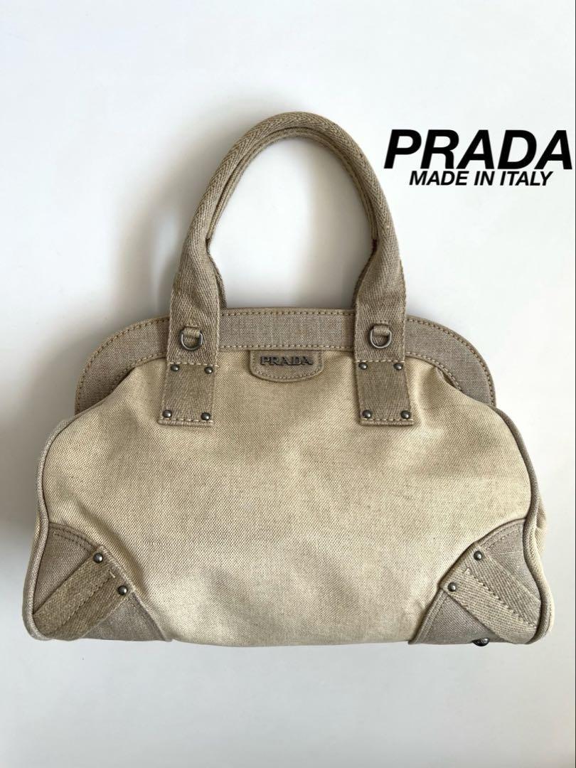 PRADA Hand Boston Bag Tote Purse Canvas Beige Off White Authentic