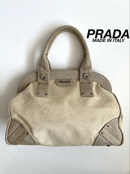PRADA Hand Boston Bag Tote Purse Canvas Beige Off White Authentic