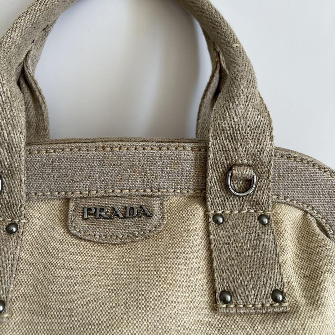 PRADA Hand Boston Bag Tote Purse Canvas Beige Off White Authentic