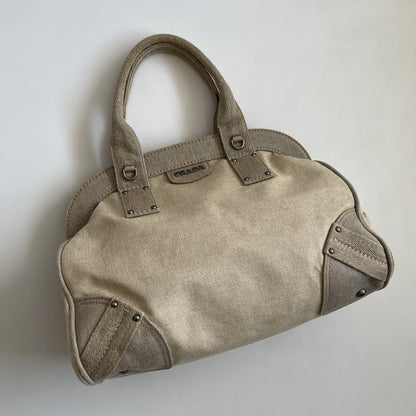 PRADA Hand Boston Bag Tote Purse Canvas Beige Off White Authentic